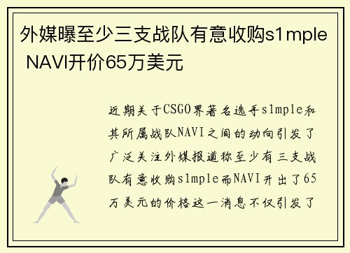 外媒曝至少三支战队有意收购s1mple NAVI开价65万美元