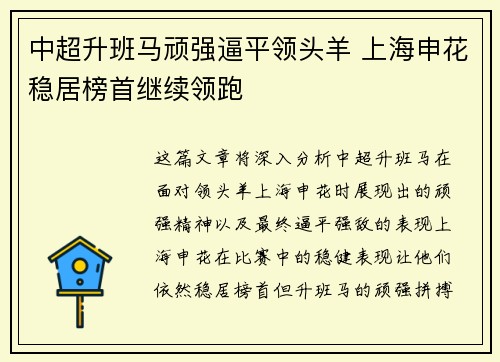 中超升班马顽强逼平领头羊 上海申花稳居榜首继续领跑