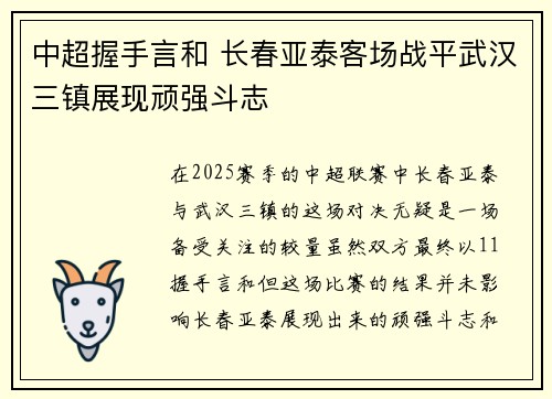 中超握手言和 长春亚泰客场战平武汉三镇展现顽强斗志