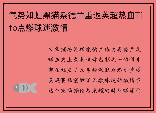 气势如虹黑猫桑德兰重返英超热血Tifo点燃球迷激情